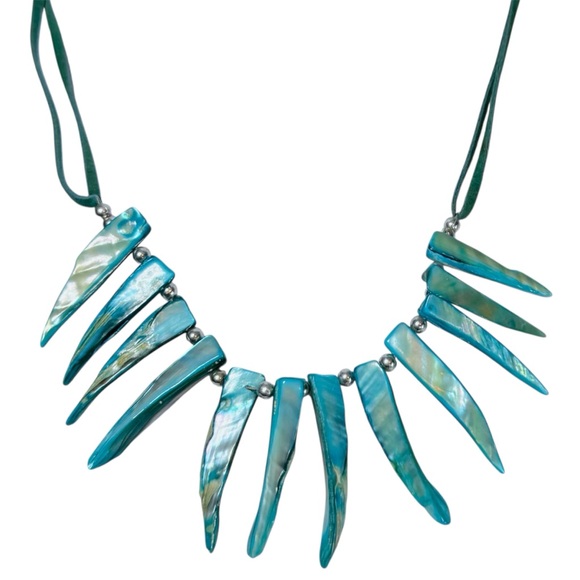 Boho Turquoise Shell Spike Necklace Teal Statement Bib Festival Jewelry - Picture 3 of 8